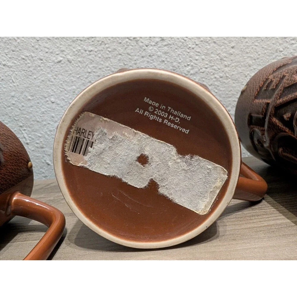 Harley Davidson Mug Lot of 3 2003 Brown 3D Embossed Faux Leather Motorcycle Vtg